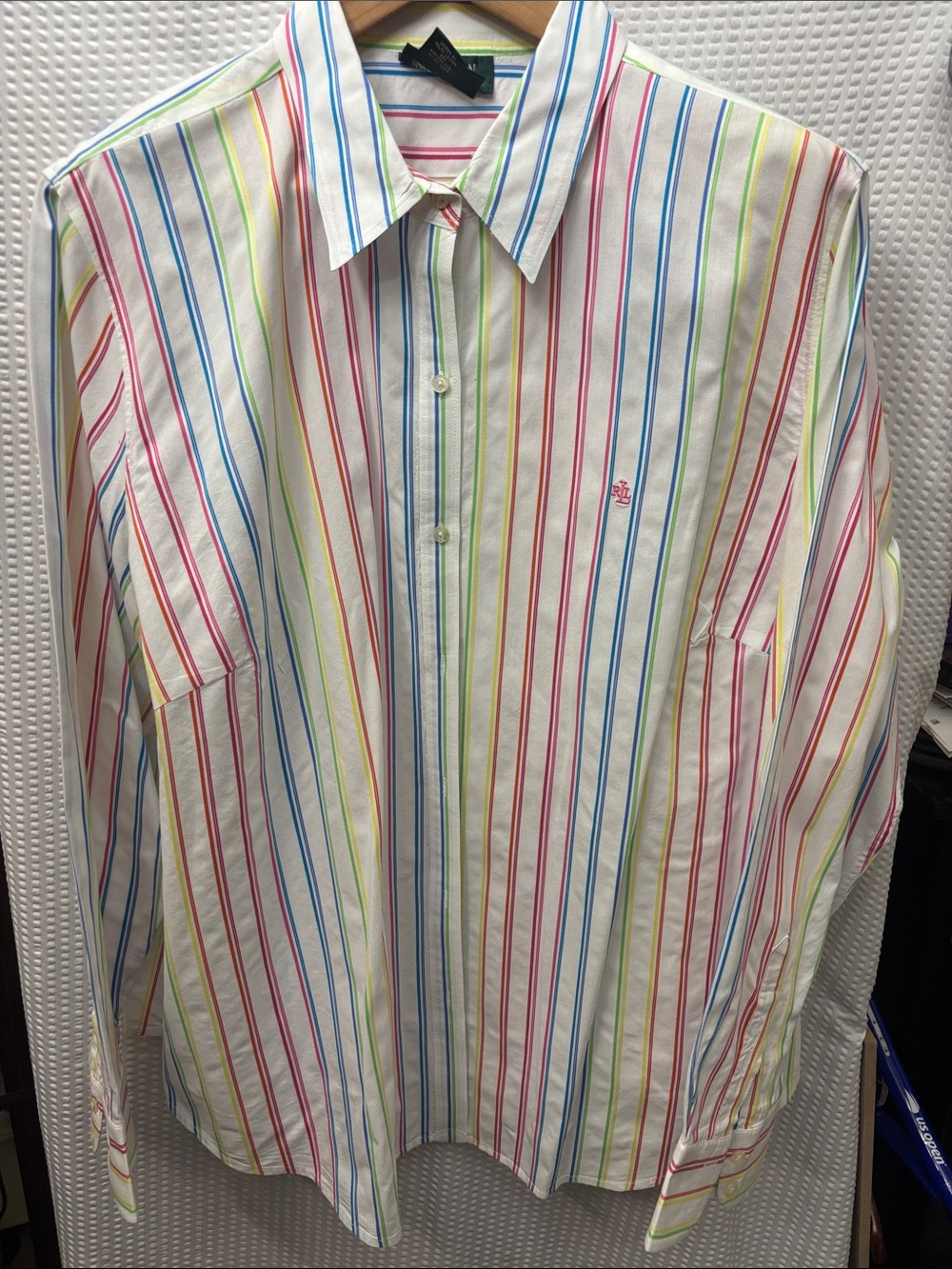 Ralph Lauren White Button-Down Shirt with Red, Blue, Green & Yellow Stripes